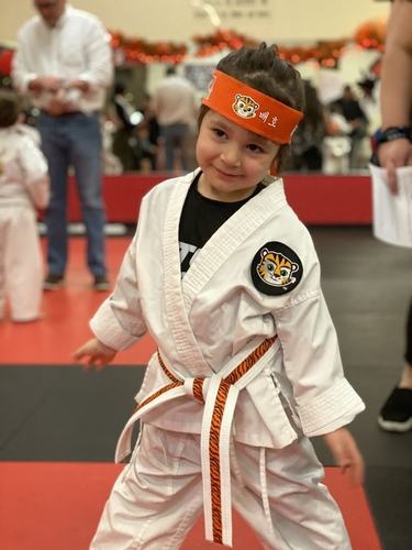 A young student grins in his tiger headband